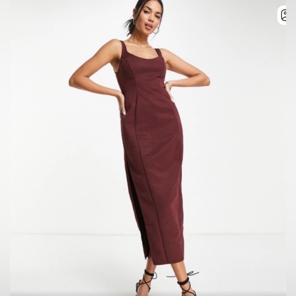 ASOS DESIGN structured midi dress with scoop neck in chocolate, US 6